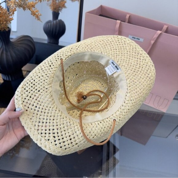 Miu Miu Straw Hat Woven Raffia Summer Beach Sun Hat Designer Chic - Picture 9 of 9